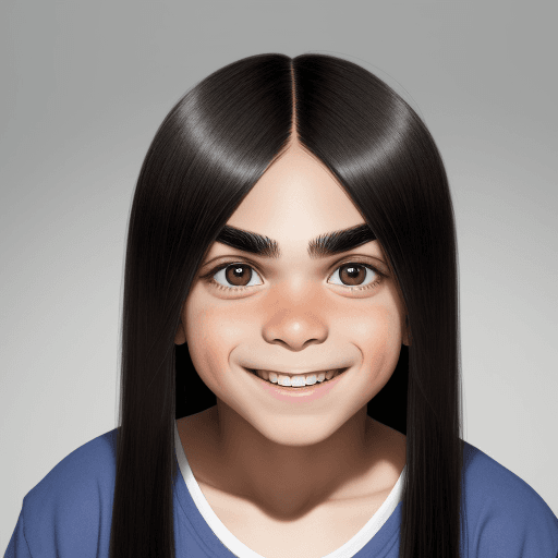 AI generated: An 11-year-old boy with straight hair parted in the middle, big eyes and smooth eyebrows, who laughs...