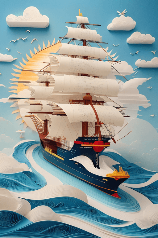 AI generated: Paper quilling, paper cut art, paper illustration, Chinese super ship in big wave, full sun filled w...