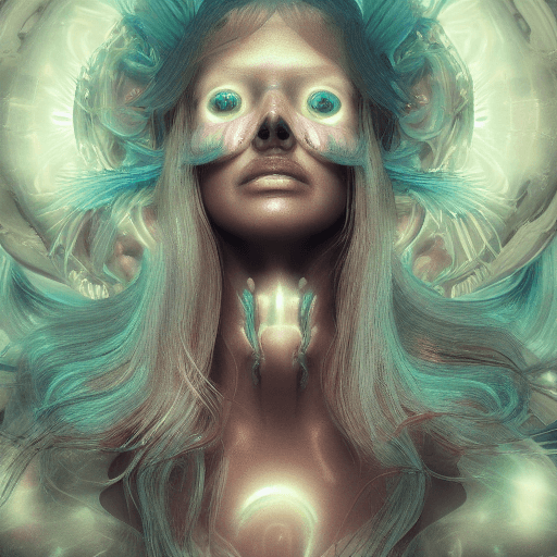 AI generated: Goddess close-up portrait ribcagel. jellyfish phoenix head, nautilus, orchid, skull, betta fish, bio...