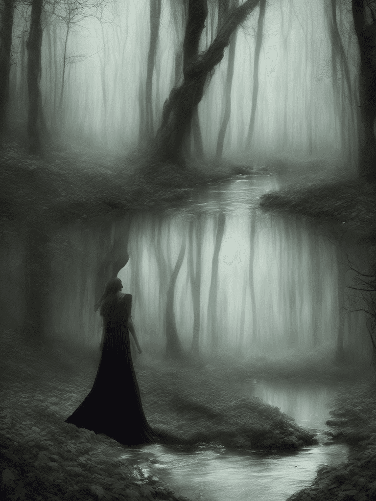 AI generated: enchanted forest, dark, moody, mystical, woman, walking through a stream, long dress