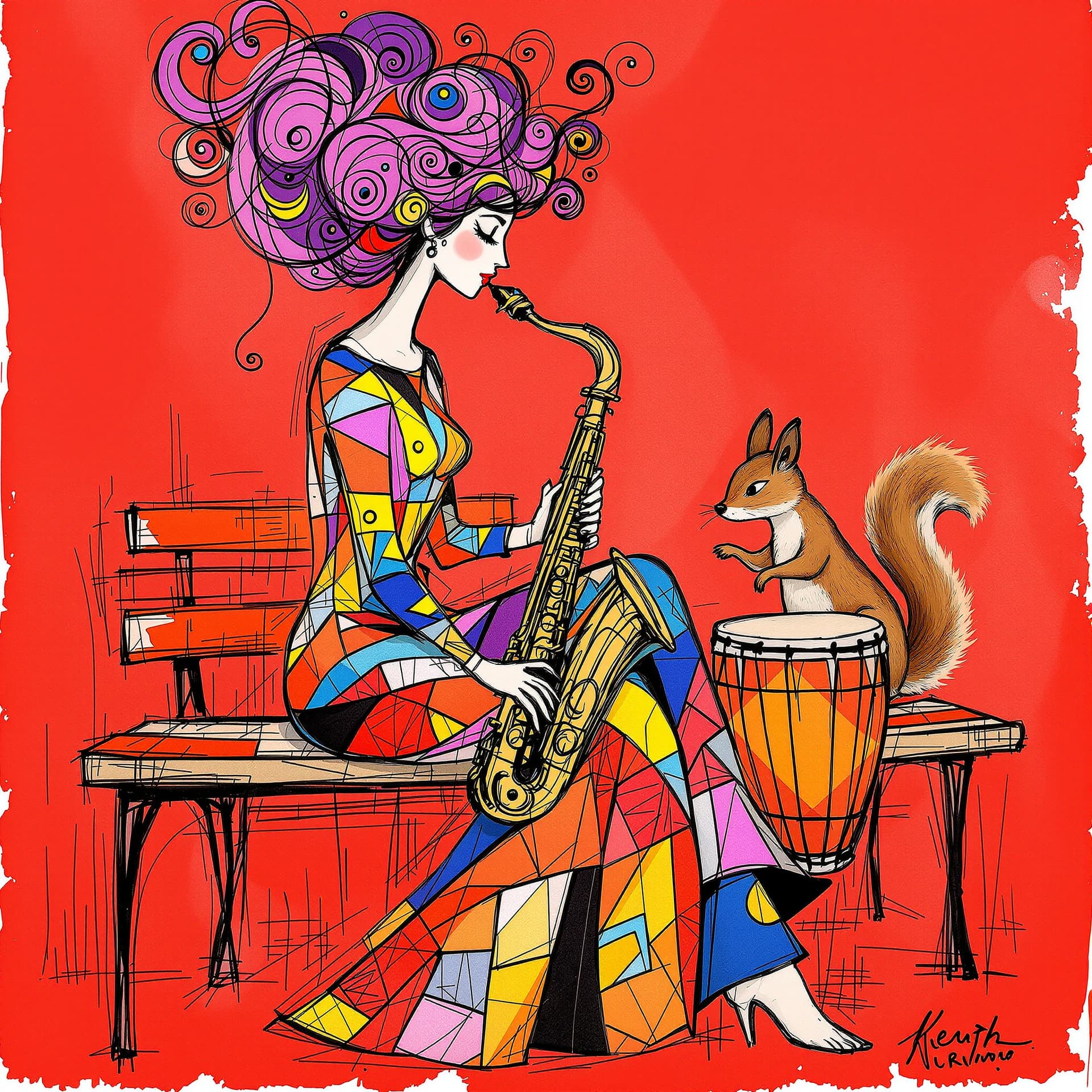 AI generated: abstract female Saxophone player sitting gracefully on a bench, vibrant red background, artistic ske...