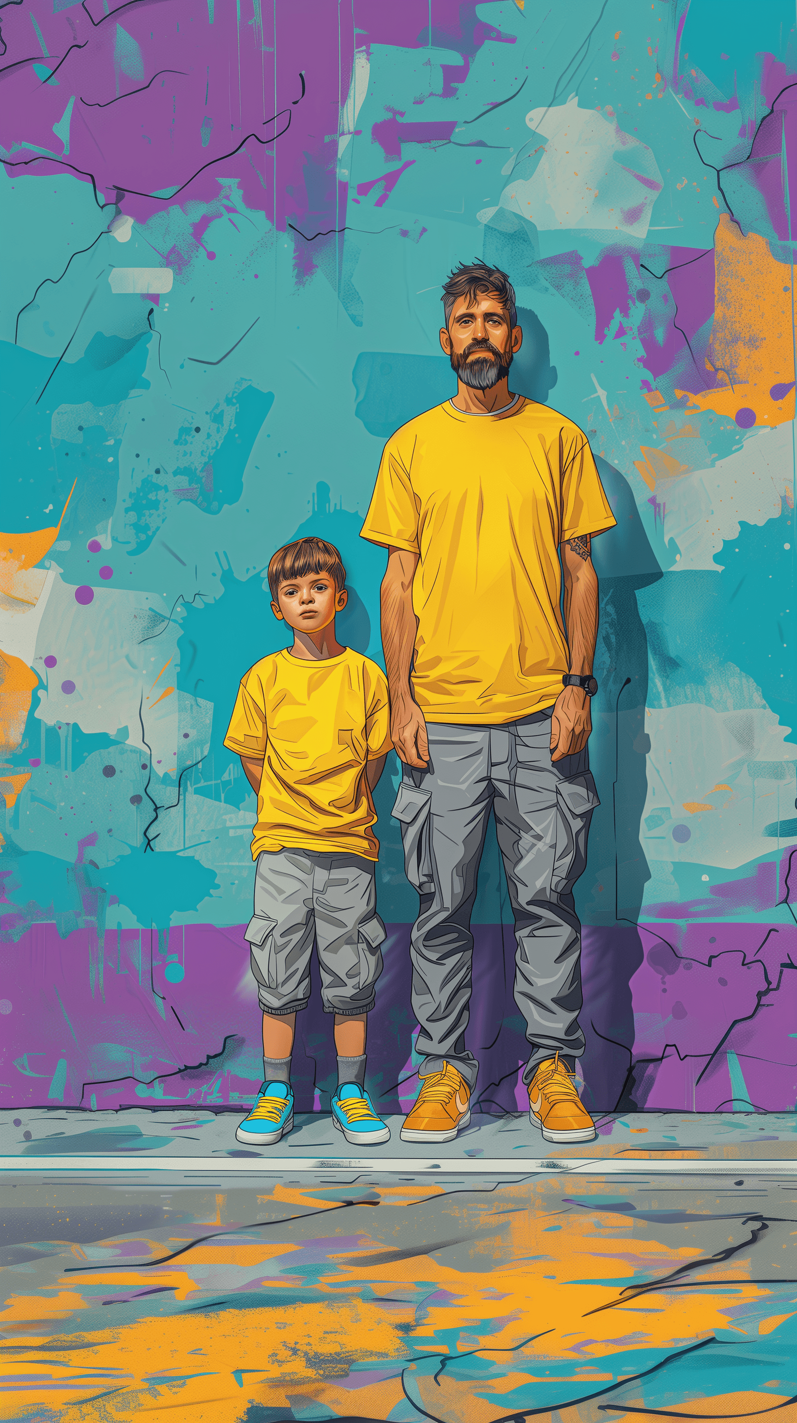 AI generated: illustration art, full-body of an son and daddy, daddy wearing a yellow white over-fit T-shirt and g...