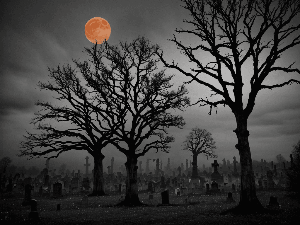 AI generated: The image depicts a hauntingly beautiful Halloween scene, with a large orange moon hanging low in th...