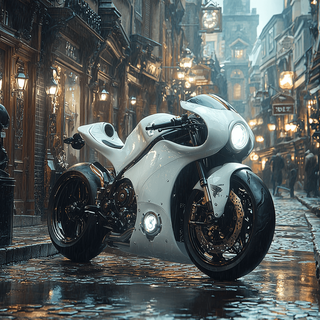 AI generated: A scene of an isle of white motorcycle racing down a cobblestone Victorian-era street, merging the e...