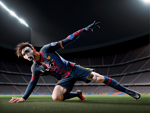 AI generated: Messi doing the classic Spider-Man pose on the pitch, in the style of the Stars Art Group, photoreal...