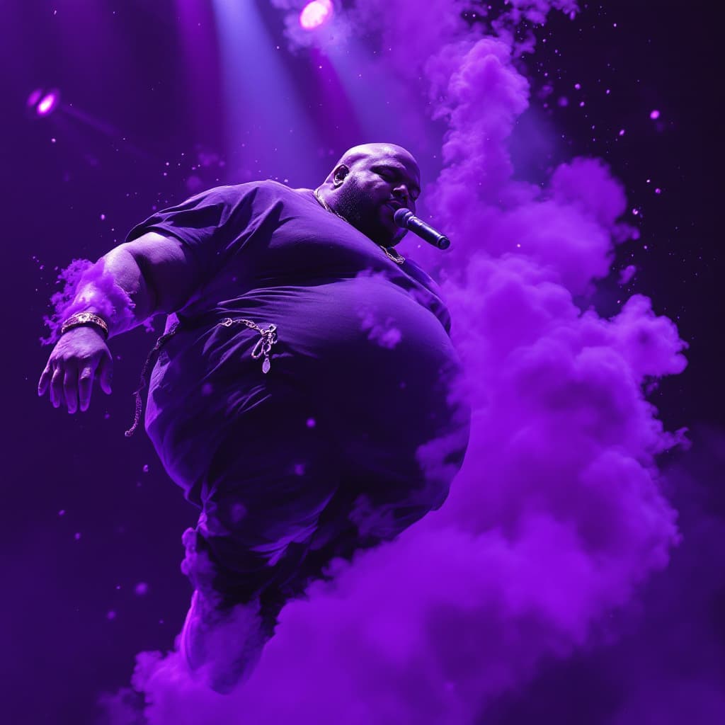 AI generated: dave blunts a big very very fat bald black rapper turning purple whilst floating on a stage of a con...