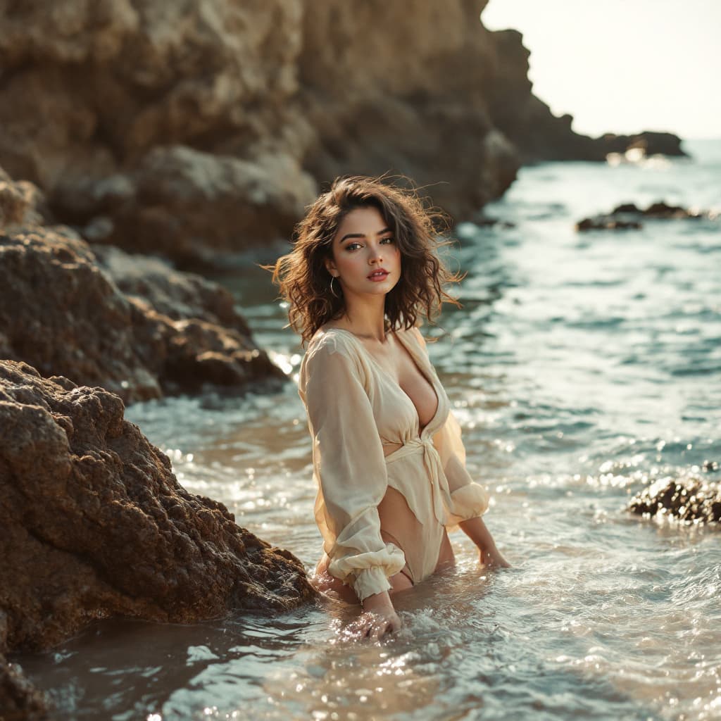 AI generated: a woman stands in the water, in the style of light beige and red, hustlewave, vacation dadcore, tagg...