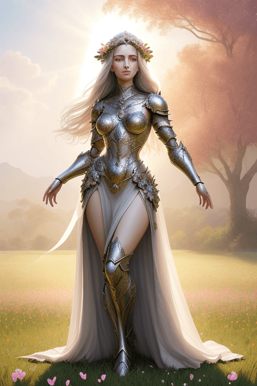 AI generated: hyperrealistic full length portrait of gorgeous goddess | standing in field full of flowers | detail...
