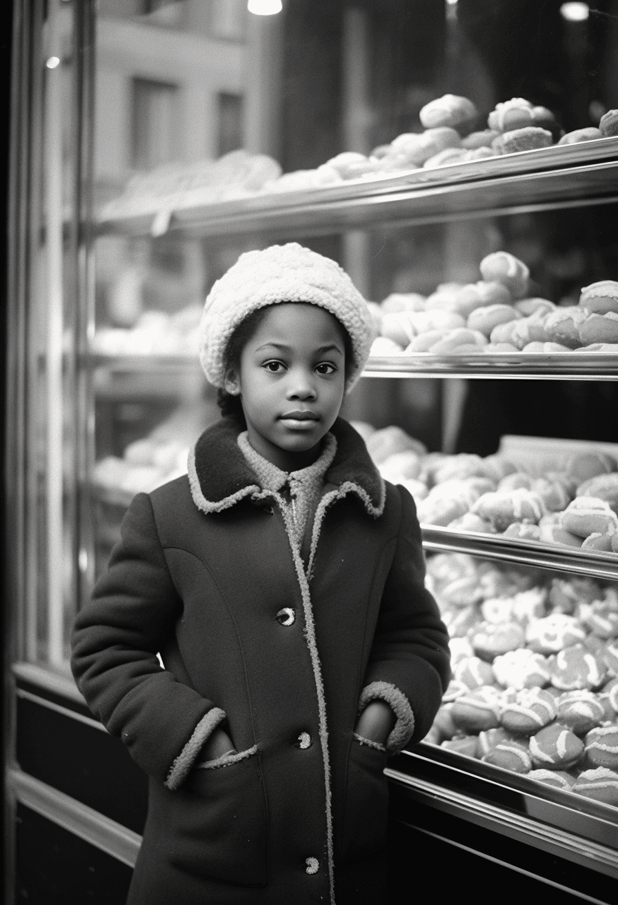 AI generated: vintage photo of young black girl wearing white beanie hat and wool coat standing in front of the di...