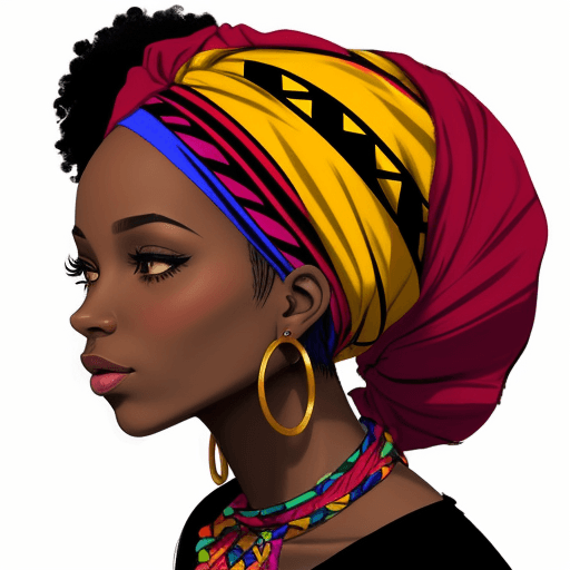 AI generated: Black sketch of african american woman in a colorful head wrap and with an earring. Beautiful black ...