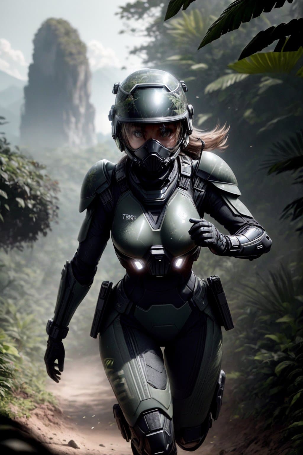 AI generated: Highly detailed cinematic film still, Hip level shot, of (fit female soldier, wearing high-tech blac...