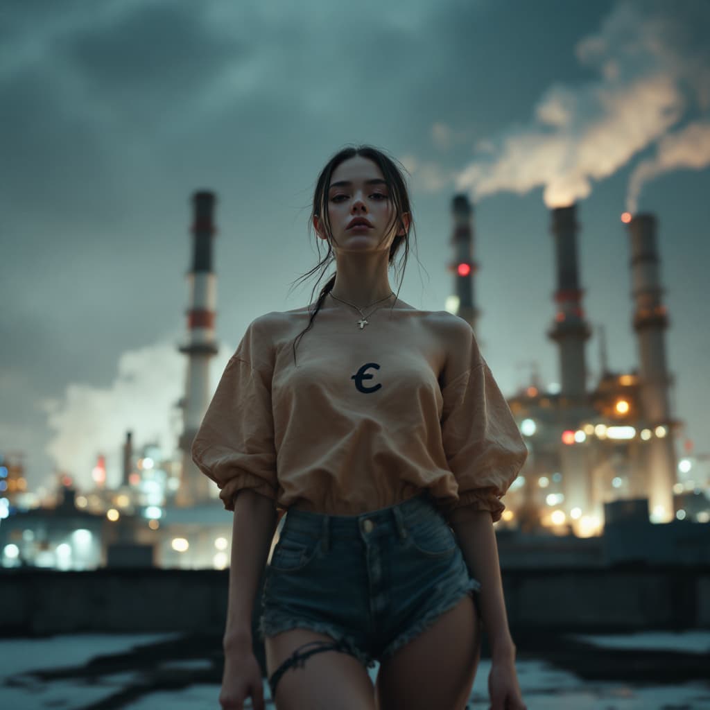 AI generated: photorealism, full-length girl with ЦПИ written on her chest, standing on a rooftop against a backdr...
