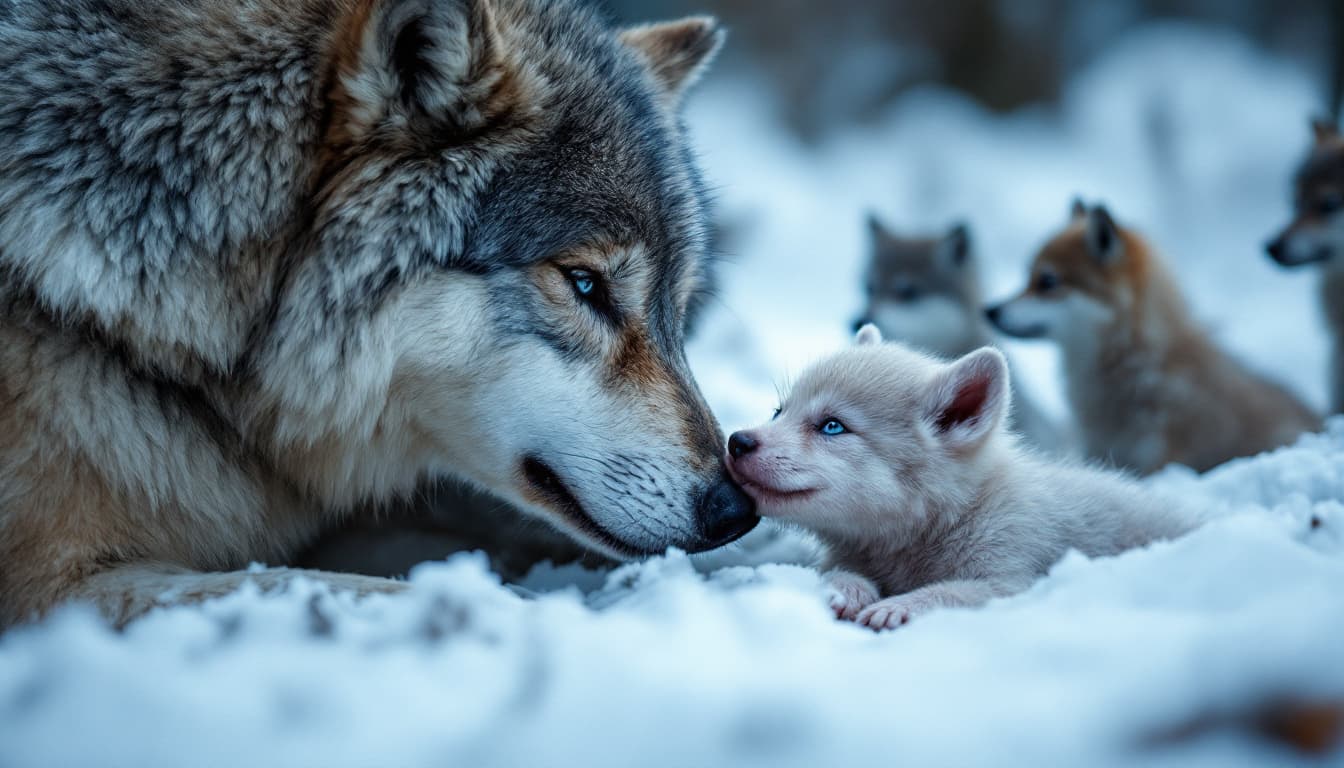 AI generated: The camera focuses on a newborn with blue eyes, while a she-wolf licks its face. Beside it, five bla...