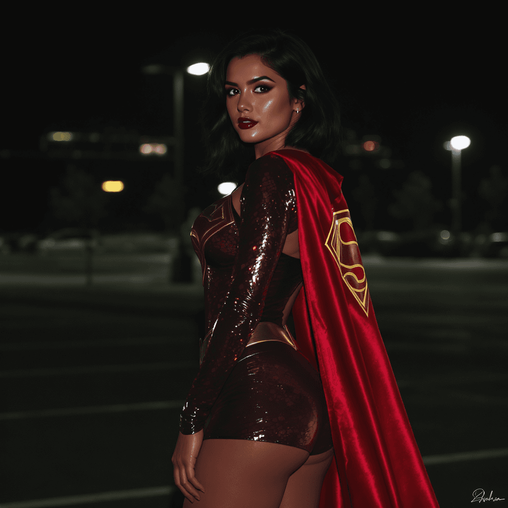 AI generated: photo of supergirl in a supergirl costume with a red cape on her back, black hair, short hair, tan s...