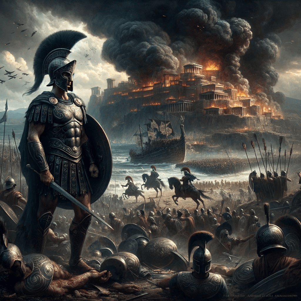 AI generated: Capture an epic scene of the Trojan War with dark clouds of smoke billowing from the burning city of...