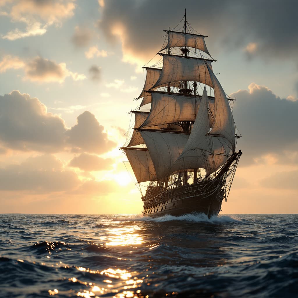 AI generated: Photo of a ultra realistic sailing ship, dramatic light, pale sunrise, cinematic lighting, battered,...