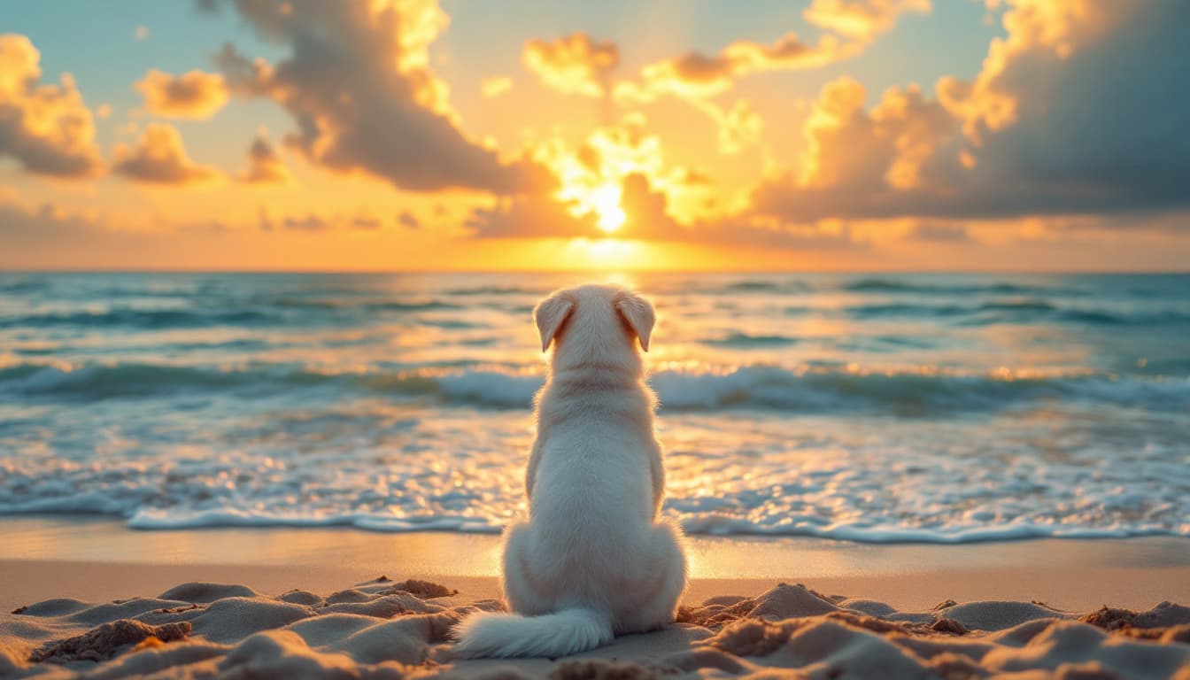AI generated: A serene sunset on a beach, where golden rays illuminate the sky filled with soft, fluffy clouds. In...