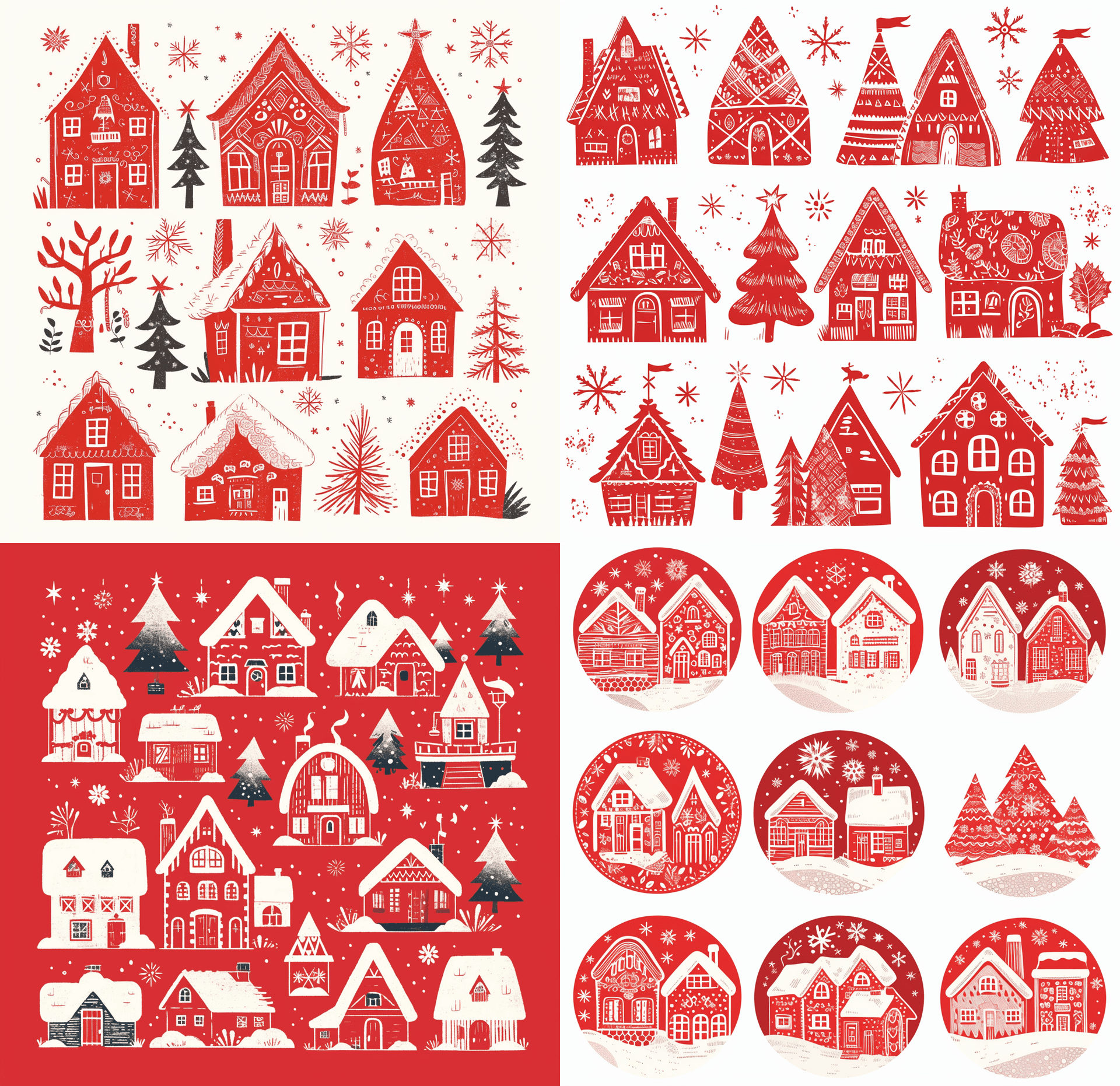 AI generated: A red and white Christmas houses and snowflake patterns, in the style of a sticker. --ar 32:31 