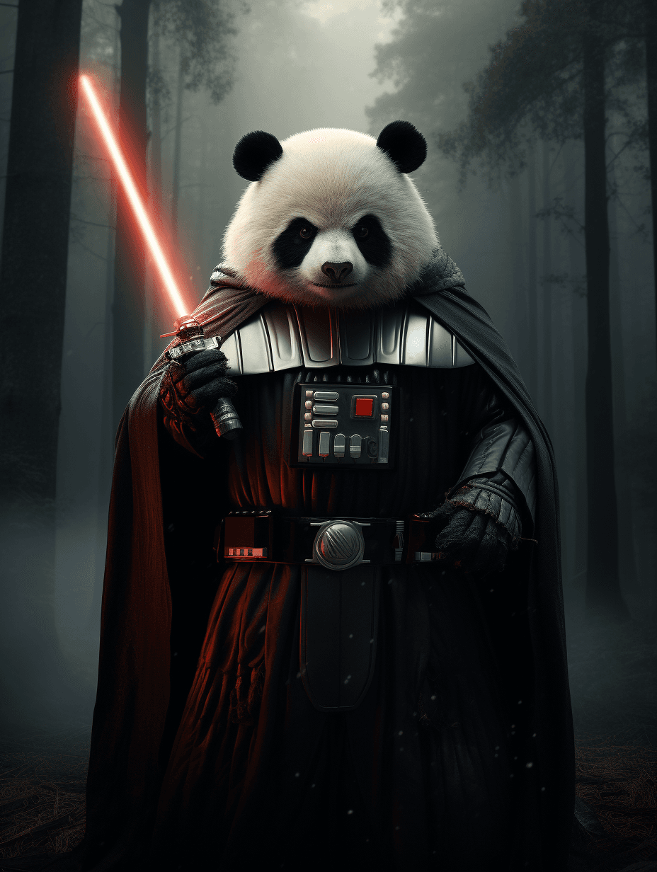 AI generated: a panda dressed as darth vader white with helmet, realistic, dark forest
