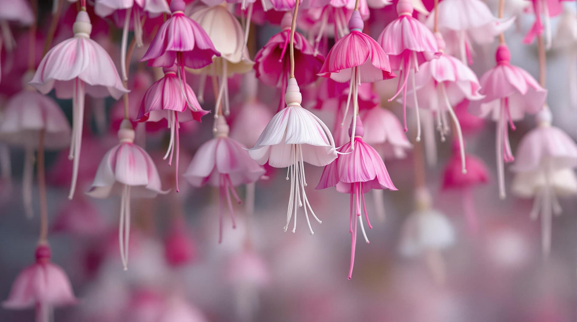 AI generated: abstract 3d fushia species flowers drooping downward in a natural hanging down position,white and fu...