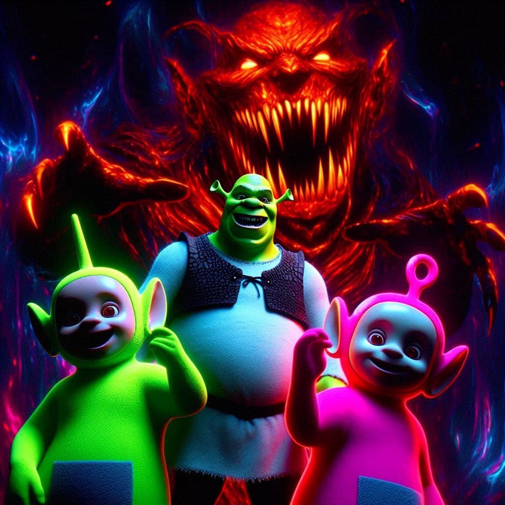 AI generated: Shrek posando para moder y dejar la marca de la gran mordedura de dientes de sable neón, colores lum...