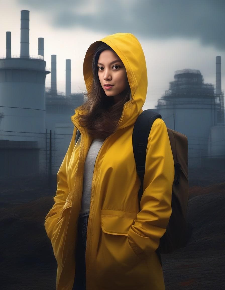AI generated: Ruined city, nuclear power plant, (creepy atmosphere:1.32), single_girl, standing with (her back to ...
