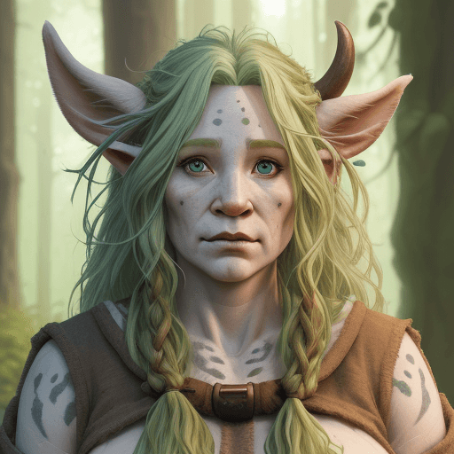 AI generated: firbolg female druid, in her 30s, wild blonde hair, large build, soft look, cow nose, cow ears, ligh...