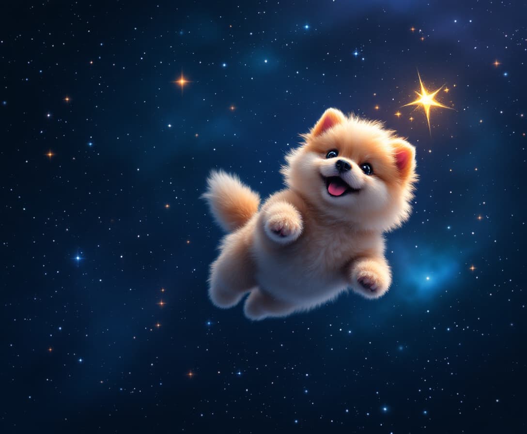 AI generated: the fluffiest dog floating in outer space, chasing a shooting star, galaxy background