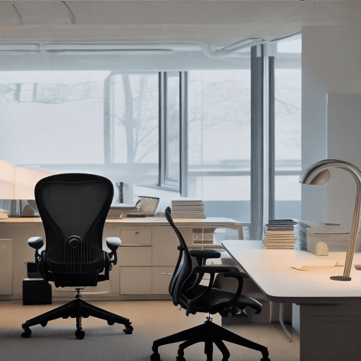 AI generated: Spacious office with frontal view, Herman Miller Aeron chairs, Artemide Tolomeo desk lamps, captured...