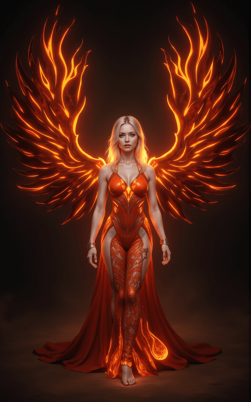 AI generated: The eagle lady stands majestically, her flaming wings spreading wide with an ethereal glow, reminisc...