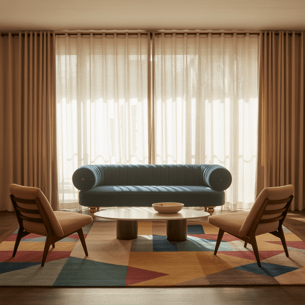 AI generated: stylish, colorful and sophisticated living room, mid-century furniture, "blue velvet couch", curtain...
