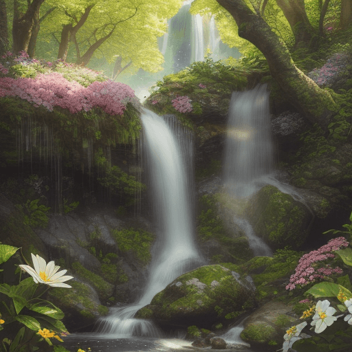 AI generated: foliage, plants, flora, trees, nature, flowers, waterfall, bright, high detail, high resolution, pho...