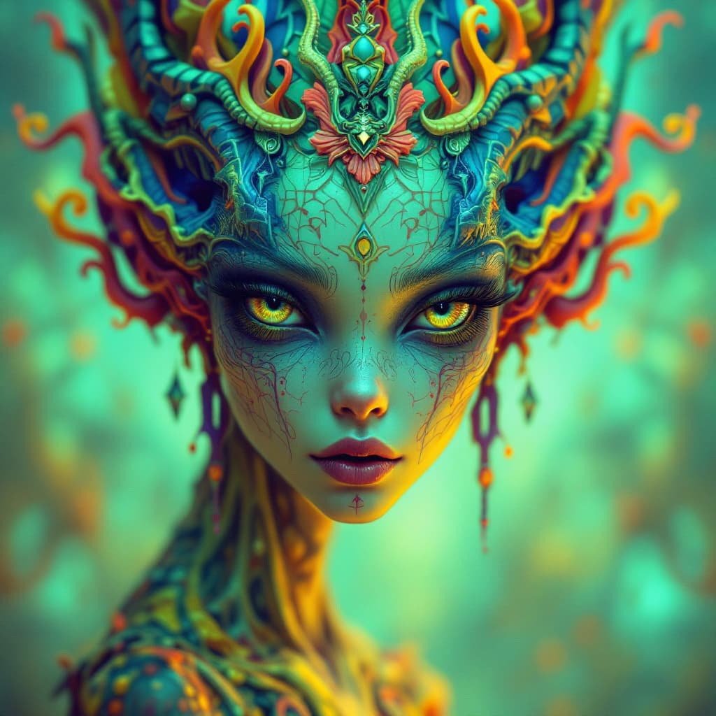 AI generated: alien art and illustration, in the style of balanced symmetry, detailed facial features, meticulous ...