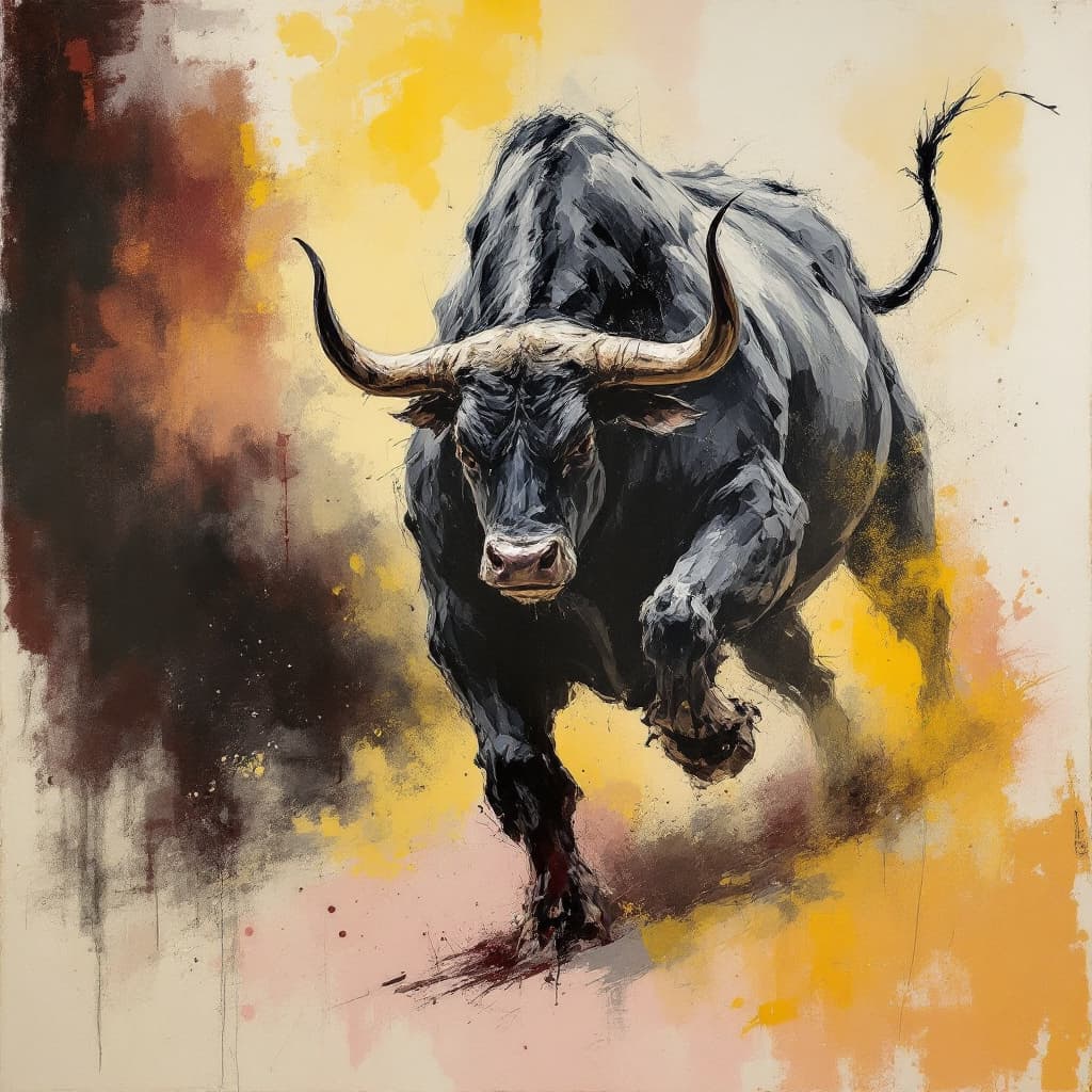AI generated: Abstract landscape series of a fighting bull with pastel colours, aggressive charcoal drawing style,...