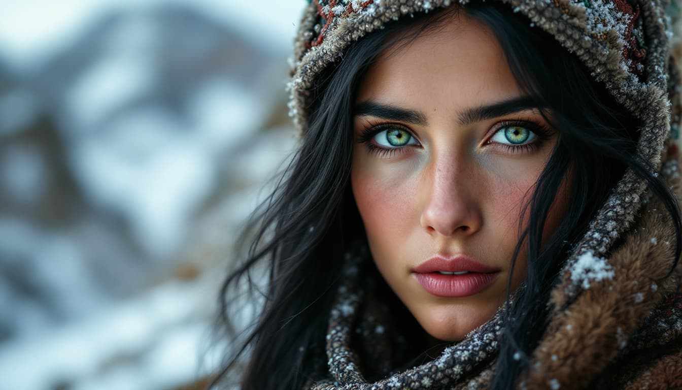 AI generated: In a mountain with snow, A close-up color portrait of an Afghan woman with green eyes, long black ha...