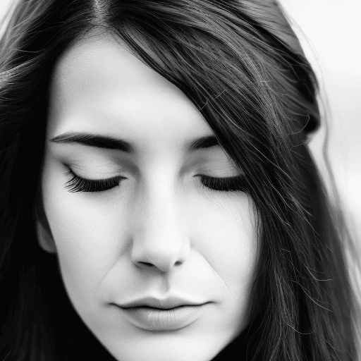 AI generated: black & white photo, woman, long dark hair, head and shoulders portrait, facing camera, peaceful loo...