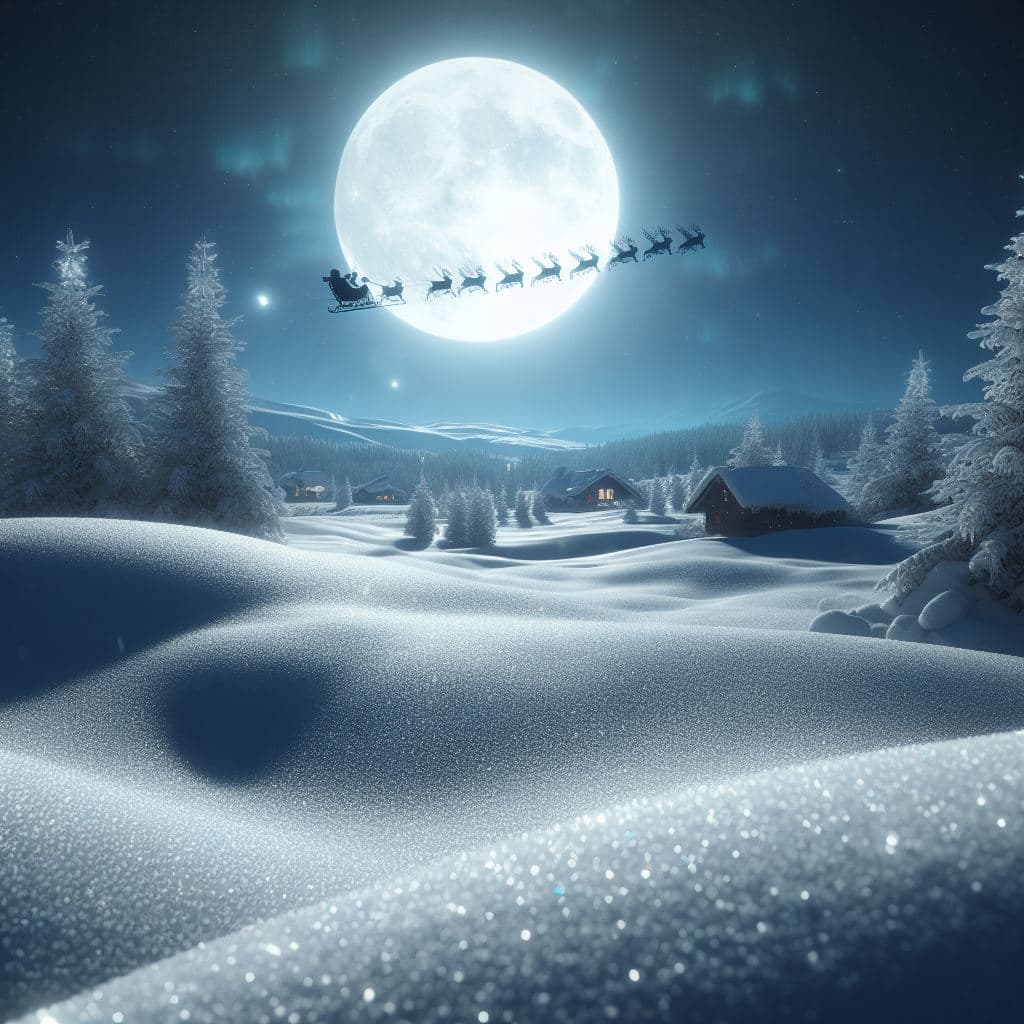 AI generated: A beautiful winter landscape, the snow glitters in the light of the full moon, the night is clear, c...