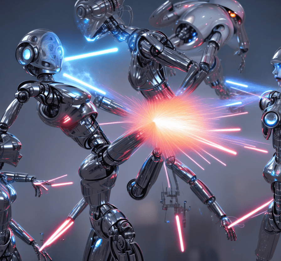 AI generated:  numerous iron and white humanoid female robots are fighting aliens in a .flowered landscape. Explos...