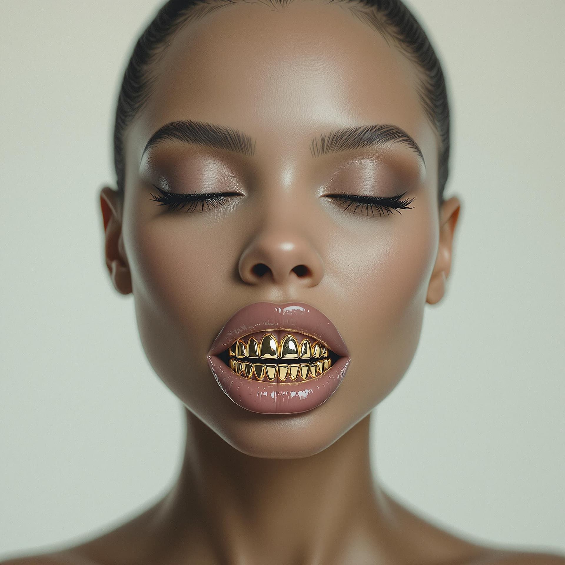 AI generated: a woman with a large jaw and gold teeth, in the style of futuristic minimalism, restrained forms, da...