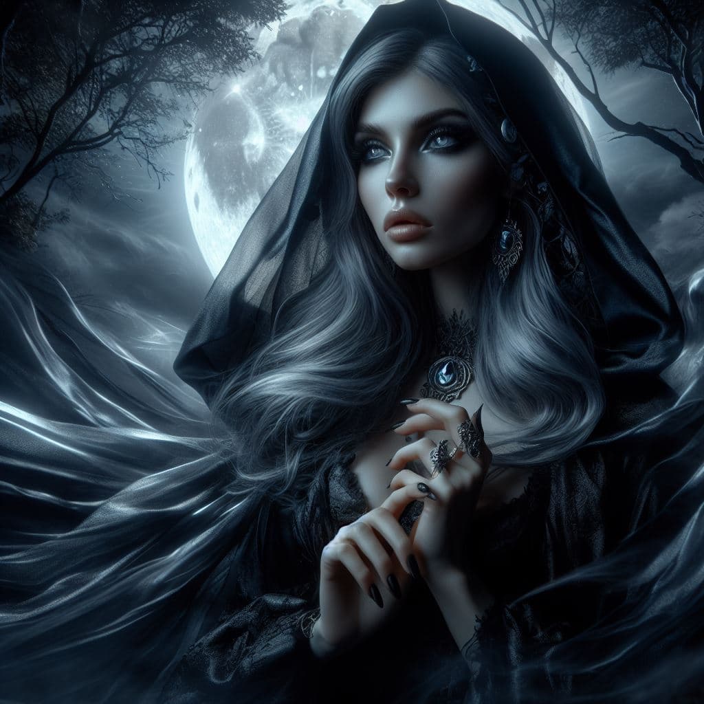 AI generated: In a mystical, moonlit forest, Nocturna, a shadowy sorceress, harnesses the power of the night with ...