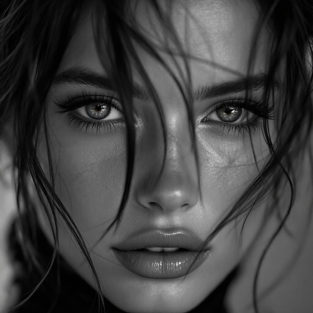 AI generated: fashion photography, cover photo, black and white, female model, facing the camera, shot on Sony A7 ...