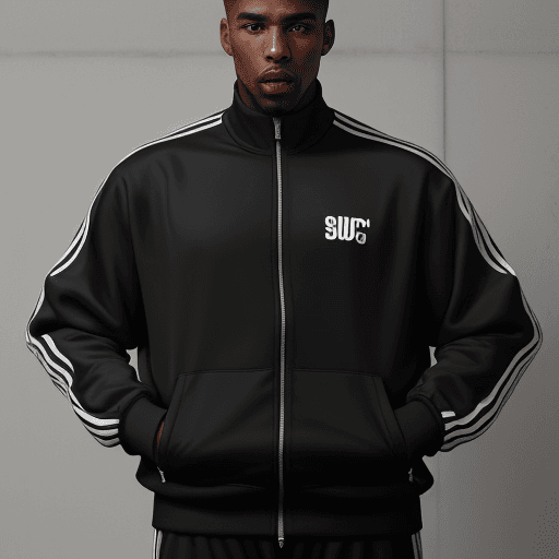 AI generated: black man wearing a track suit, track suit design is wet paint dripping
