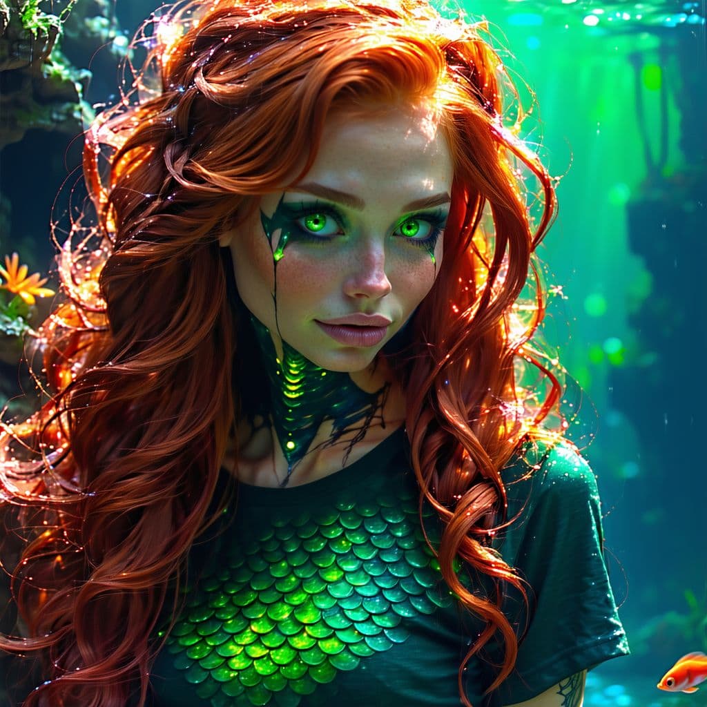 AI generated: a full body photo shot of a gorgeous cute (Mermaid) ginger with red hair, wearing a T-Shirt made of ...