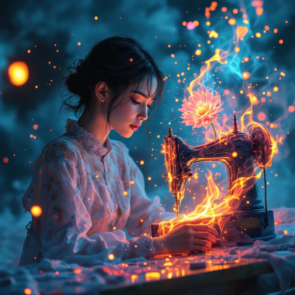 AI generated: a single woman with sewing machine made of Fire and melting flower in space, narrow nose, neon, plas...