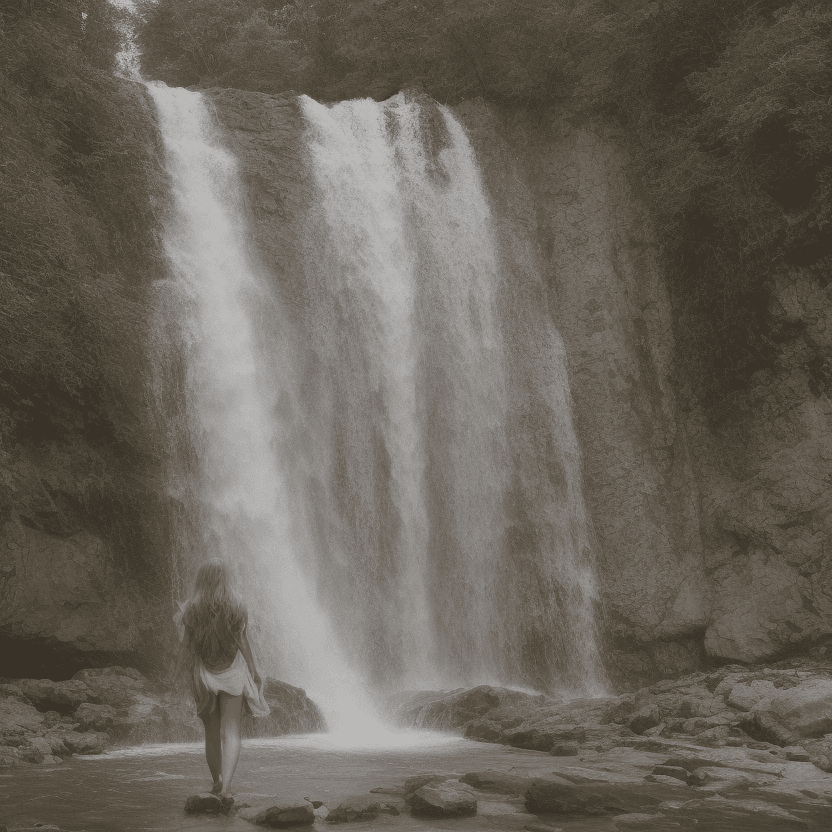 AI generated: a woman in a long, flowing dress standing in front of a waterfall, with her body facing the camera a...