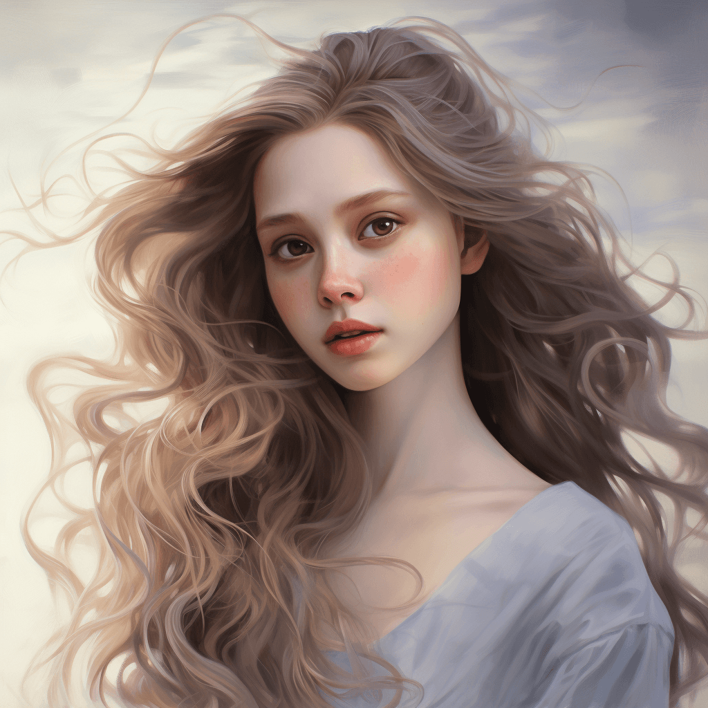 AI generated: A photo of a girl with long wavy hair, in the style of yuumei, light gray and light beige, photo - r...