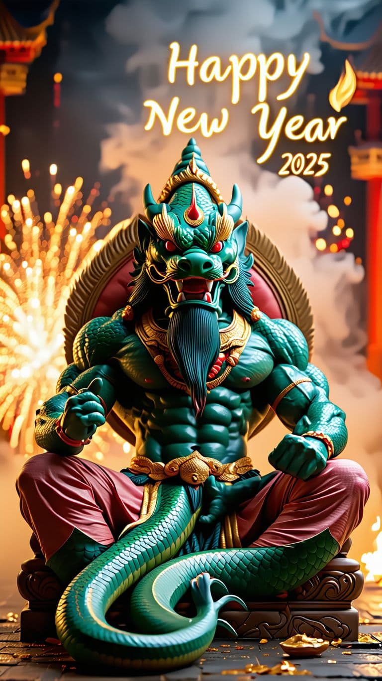 AI generated: portrait image of a god of snake handsome muscle man smile with sitting on a thai thron looking dire...