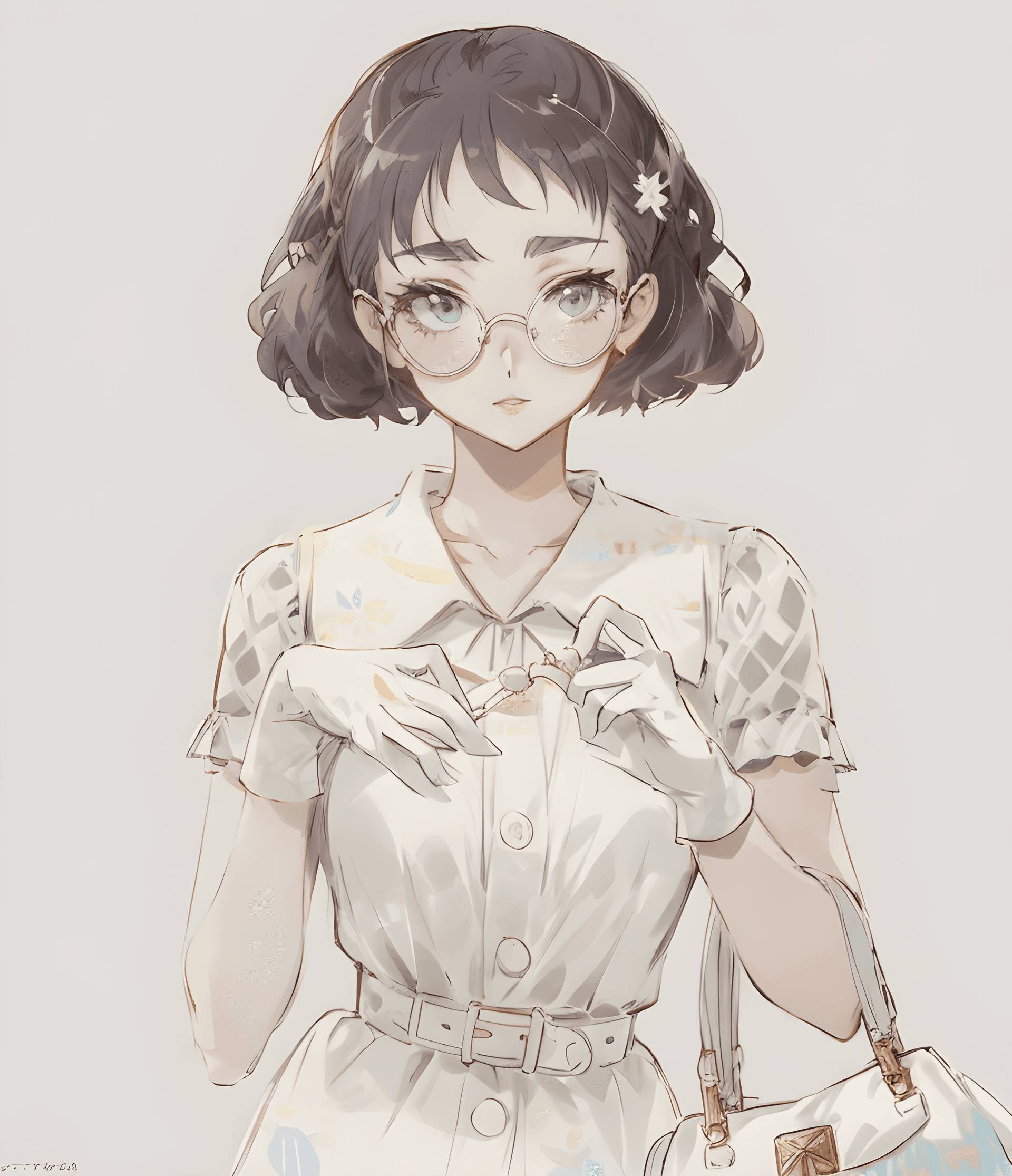 AI generated: a drawing of a woman holding a purse, a character portrait, by Yamagata Hiro, pixiv, serial art, loo...