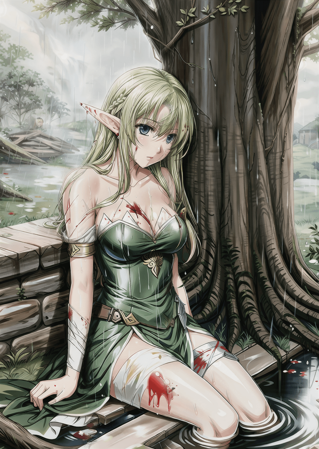 AI generated: A female elf ((sitting against a tree)) ((raining)) wet damp showering pouring soppy ((bloody battle...