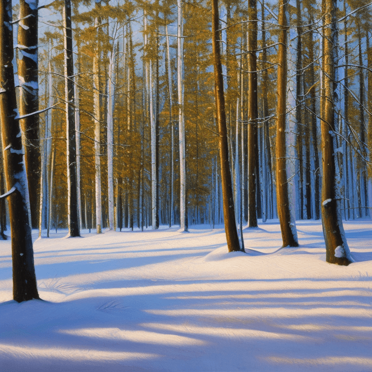 AI generated: an oil painting of some trees in the snow, shutterstock, american scene painting, spruce and birch ,...